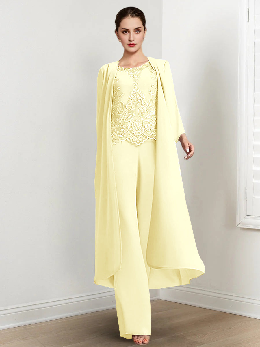 Chiffon Round Neck Floor-Length Mother Of The Bride Pantsuits With Jacket & Applique