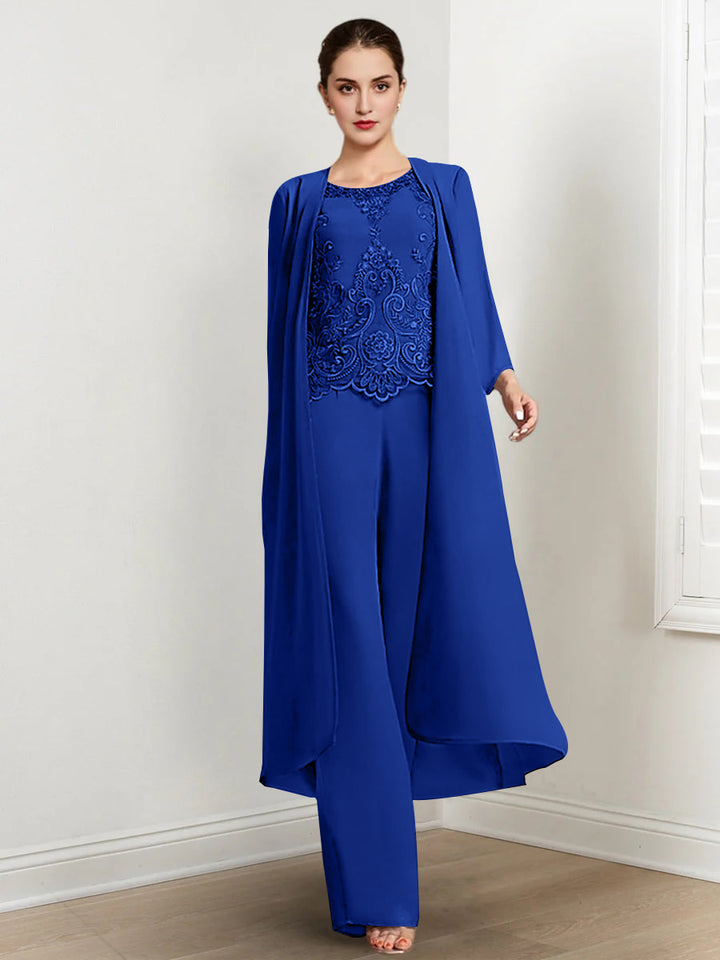 Chiffon Round Neck Floor-Length Mother Of The Bride Pantsuits With Jacket & Applique