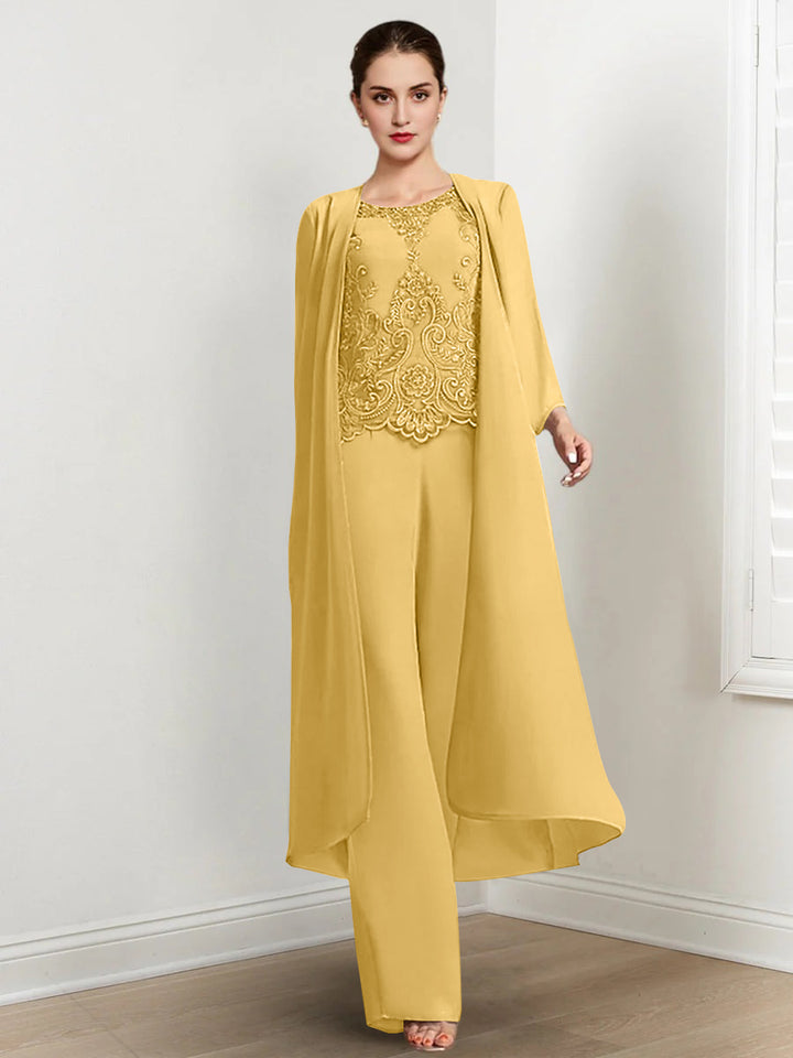 Chiffon Round Neck Floor-Length Mother Of The Bride Pantsuits With Jacket & Applique