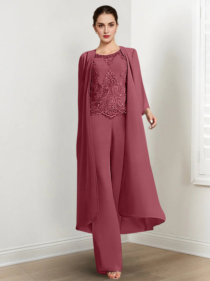 Chiffon Round Neck Floor-Length Mother Of The Bride Pantsuits With Jacket & Applique