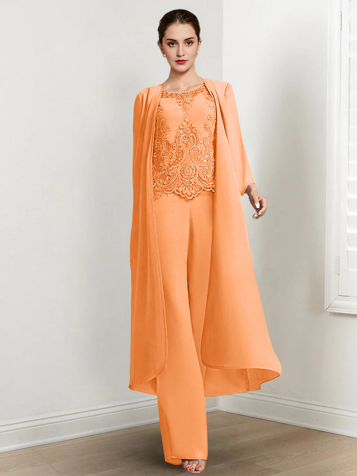 Chiffon Round Neck Floor-Length Mother Of The Bride Pantsuits With Jacket & Applique