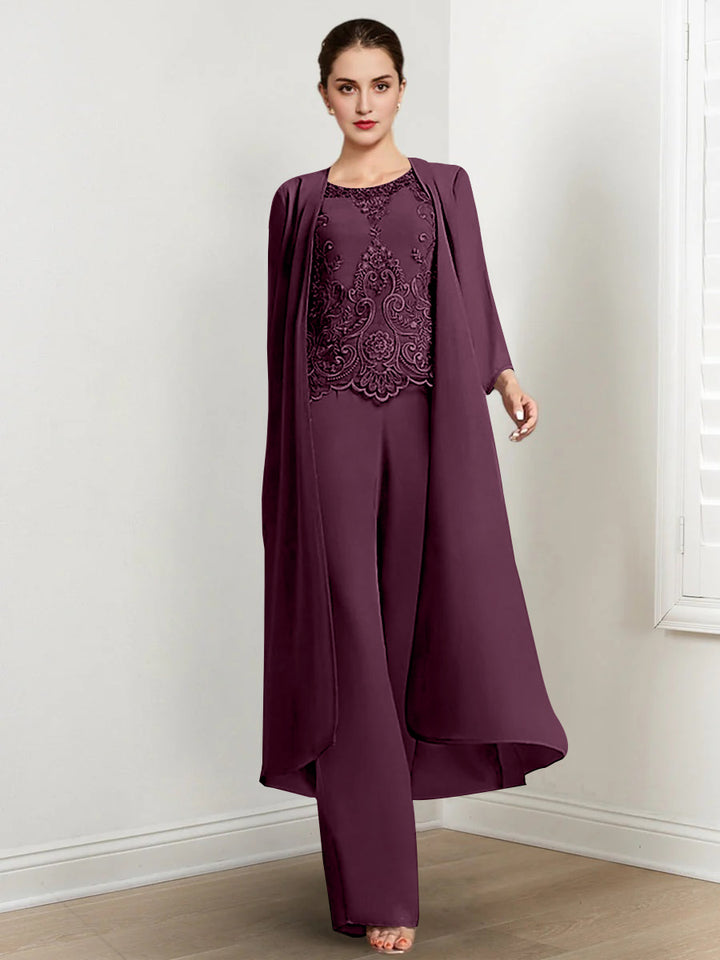 Chiffon Round Neck Floor-Length Mother Of The Bride Pantsuits With Jacket & Applique