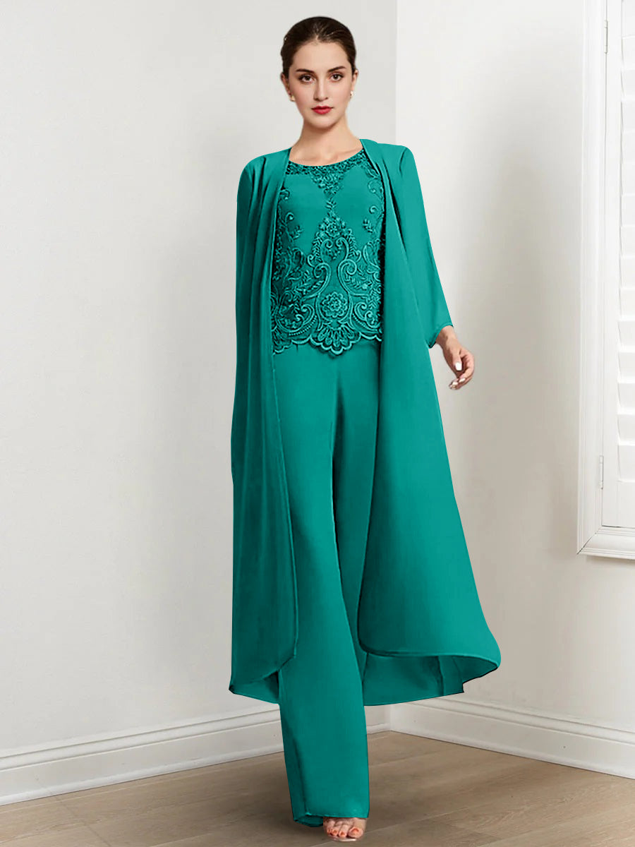 Chiffon Round Neck Floor-Length Mother Of The Bride Pantsuits With