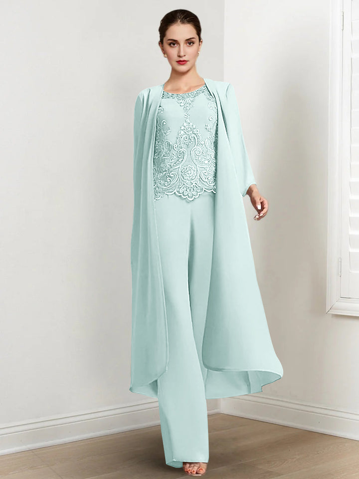 Chiffon Round Neck Floor-Length Mother Of The Bride Pantsuits With Jacket & Applique