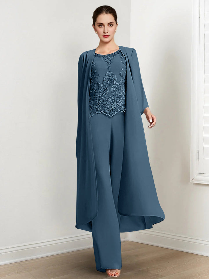 Chiffon Round Neck Floor-Length Mother Of The Bride Pantsuits With Jacket & Applique