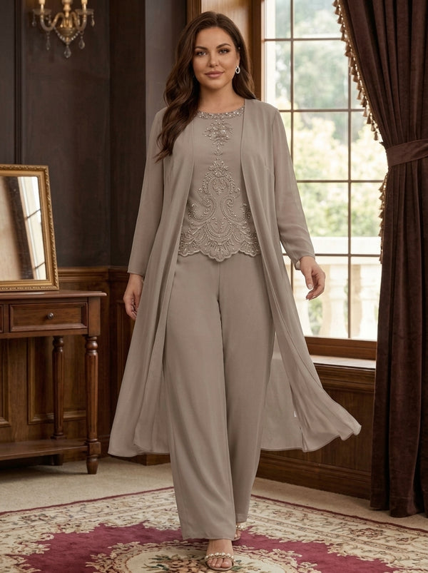 Chiffon Round Neck Floor-Length Plus Size Mother Of The Bride Pantsuits With Jacket & Applique