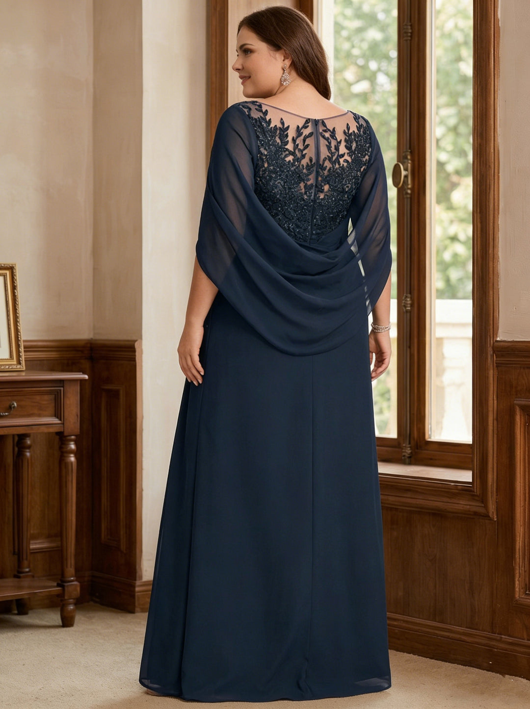 Navy Blue A-Line/Princess Scoop Floor-Length Plus Size Mother of the Bride Dresses with Pleated & Sequins