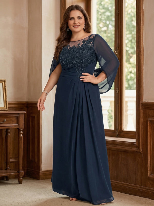 Navy Blue A-Line/Princess Scoop Floor-Length Plus Size Mother of the Bride Dresses with Pleated & Sequins