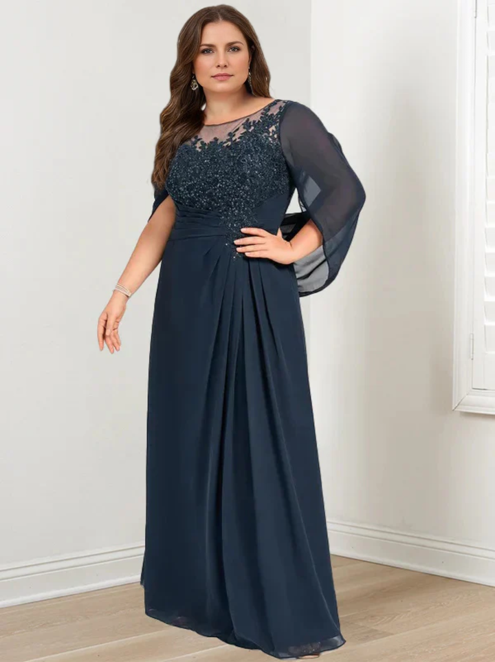 Navy Blue A-Line/Princess Scoop Floor-Length Plus Size Mother of the Bride Dresses with Pleated & Sequins