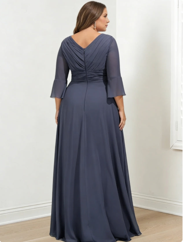 A-Line/Princess V-Neck 3/4 Length Sleeves Asymmetrical Plus Size Mother of the Bride Dresses with Ruffles