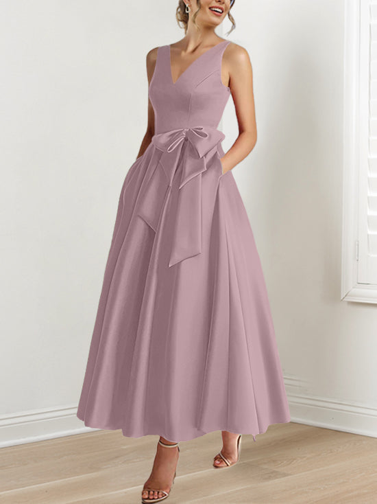 A-Line/Princess V-Neck Sleeveless Ankle-Length Mother of the Bride Dresses with Pockets & Ruffles