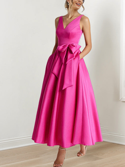 Formal Women's Dresses Sheath/Column Square Neck Sleeveless Ankle Length Wedding Guest Dresses with Bow Prom Dress Prom Dress Shops