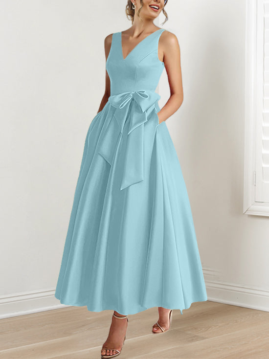 A-Line/Princess V-Neck Sleeveless Ankle-Length Mother of the Bride Dresses with Pockets & Ruffles