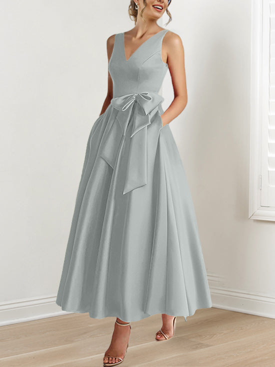 A-Line/Princess V-Neck Sleeveless Ankle-Length Mother of the Bride Dresses with Pockets & Ruffles