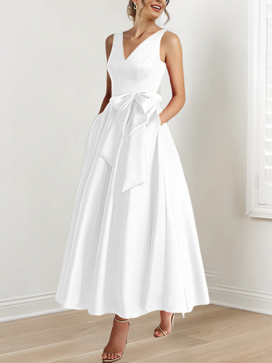 A-Line/Princess Deep V-Neck Sleeveless Ankle-Length Plus Size Prom Dresses With Ruffles main image 1