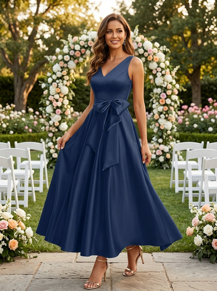 A-Line/Princess V-Neck Sleeveless Ankle-Length Mother of the Bride Dresses with Pockets & Ruffles
