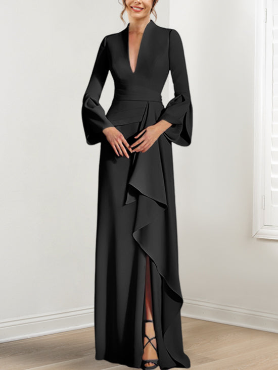 Sheath/Column V-Neck Long Sleeves Floor-Length Mother of the Bride Dresses With Split Side Fuchsia Pink
