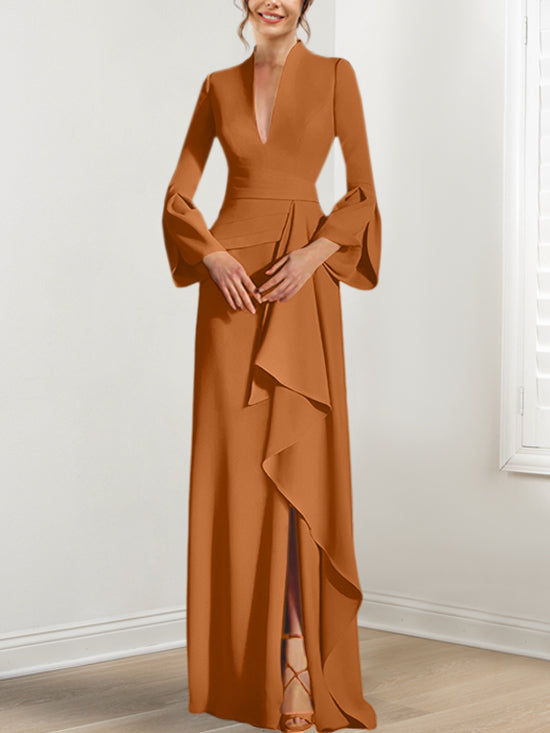 Sheath/Column V-Neck Long Sleeves Floor-Length Mother of the Bride Dresses With Split Side Burnt Orange Sheath/Column V-Neck Long Sleeves Floor-Length Mother of the Bride Dresses With Split Side Burnt Orange