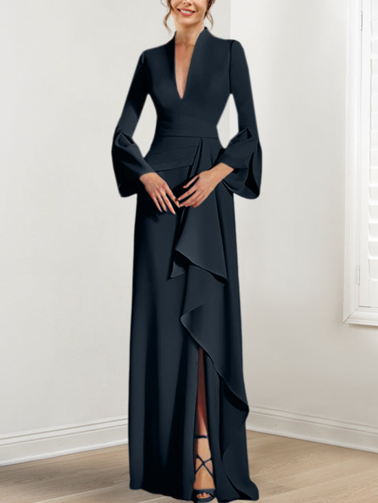 long sleeve long black dress with split Sheath/Column V-Neck Long Sleeves Floor-Length Mother of the Bride Dresses With Split Side Fuchsia
