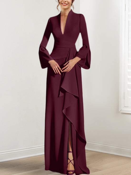 Sheath/Column V-Neck Long Sleeves Floor-Length Mother of the Bride Dre - Mondressy Sheath/Column V-Neck Long Sleeves Floor-Length Mother of the Bride Dre - Mondressy