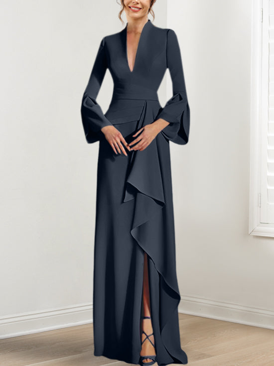 Sheath/Column V-Neck Long Sleeves Floor-Length Mother of the Bride Dresses With Split Side