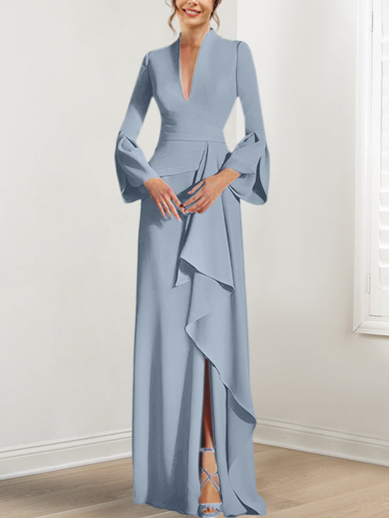 Sheath/Column V-Neck Long Sleeves Floor-Length Mother of the Bride Dresses With Split Side Light Blue