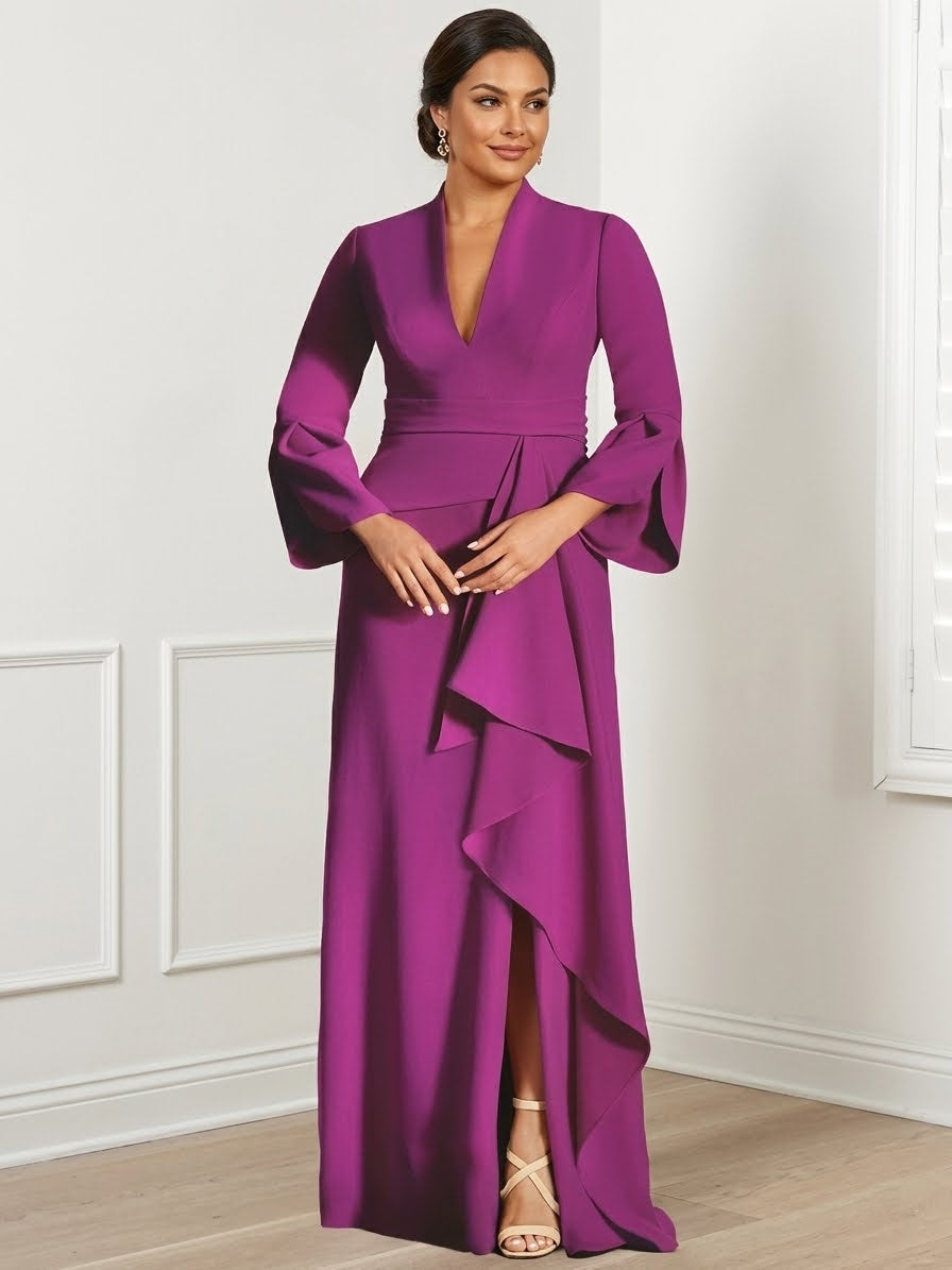Sheath/Column V-Neck Long Sleeves Floor-Length Plus Size Mother of the Bride Dresses With Split Side