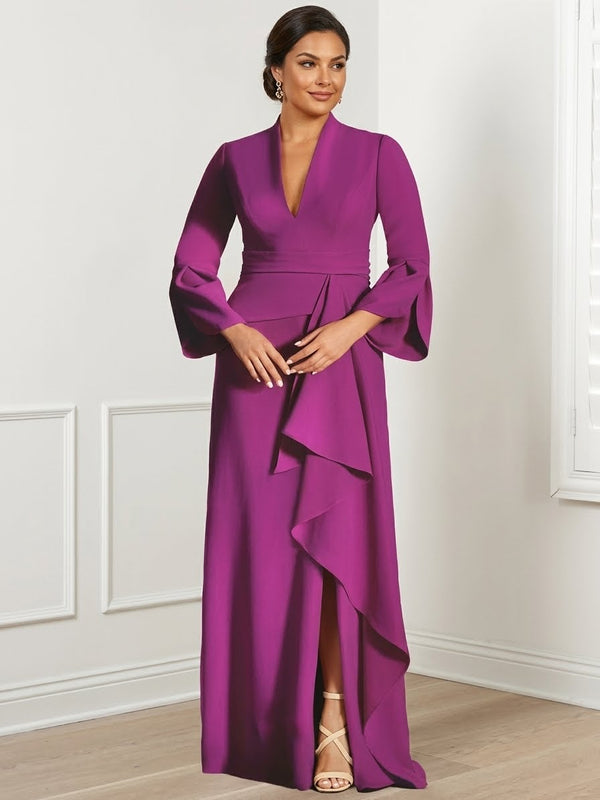 Sheath/Column V-Neck Long Sleeves Floor-Length Plus Size Mother of the Bride Dresses With Split Side