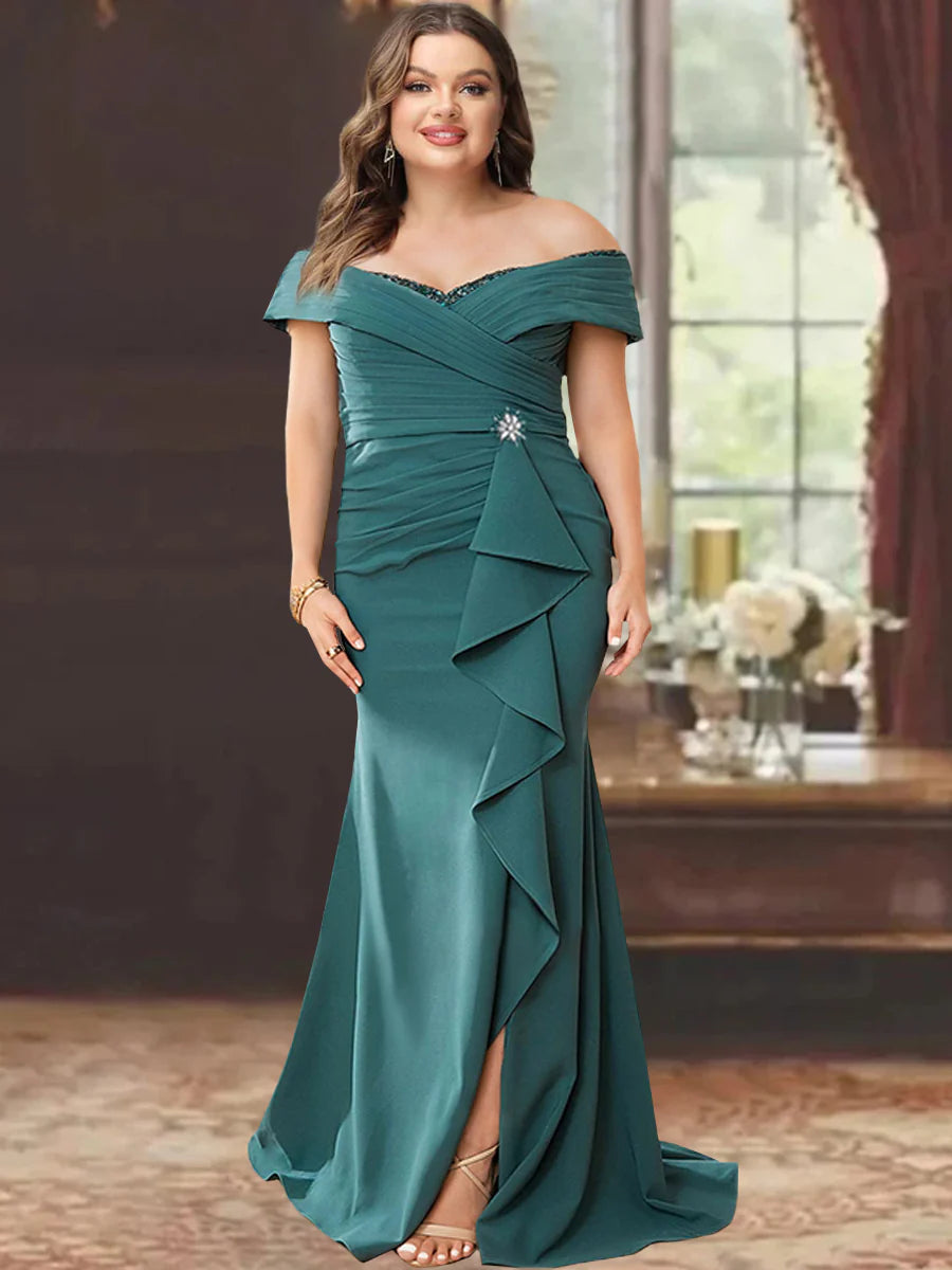 Sheath/Column Off-the-Shoulder Sleeveless Floor-Length Plus Size Mother of the Bride Dresses With Ruffles