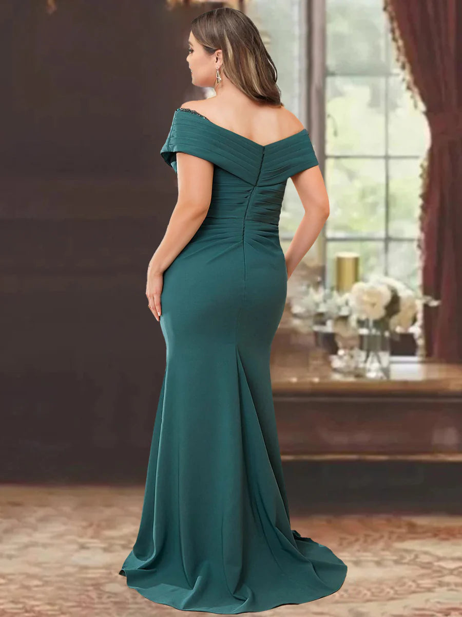 Sheath/Column Floor-Length Off-the-Shoulder Plus Size Mother of the Bride Dresses with Ruffles