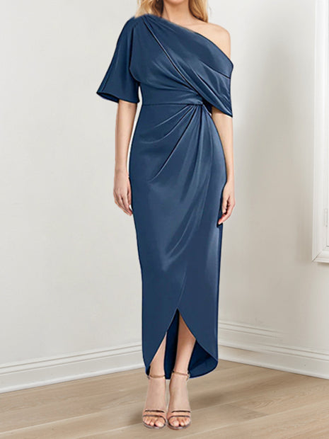 one shoulder short sleeve dress 2026 Mother of the Bride Dresses Navy Blue Women's Silk Satin One Shoulder Wedding Formal Evening Party Gowns Navy Blue, Navy Blue