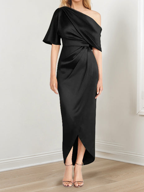 Sheath/Column One-Shoulder Short Sleeves Asymmetrical Mother of the Bride Dresses with Ruffles Steel Gray
