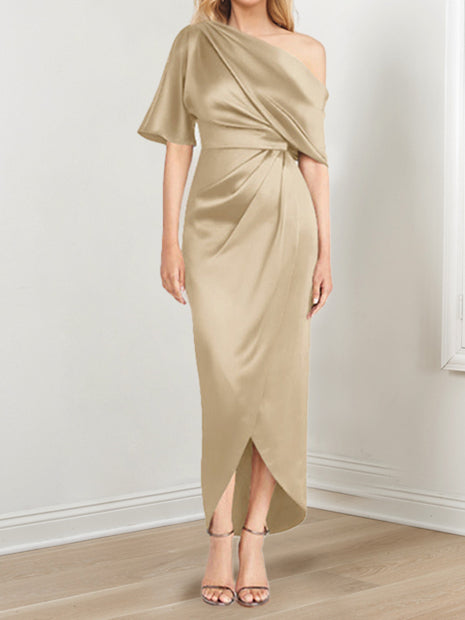 Sheath/Column One-Shoulder Short Sleeves Asymmetrical Mother of the Bride Dresses with Ruffles