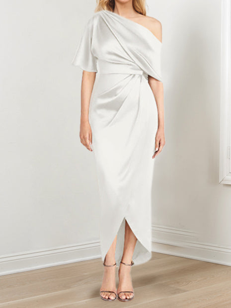 Sheath/Column One-Shoulder Short Sleeves Asymmetrical Mother of the Bride Dresses with Ruffles