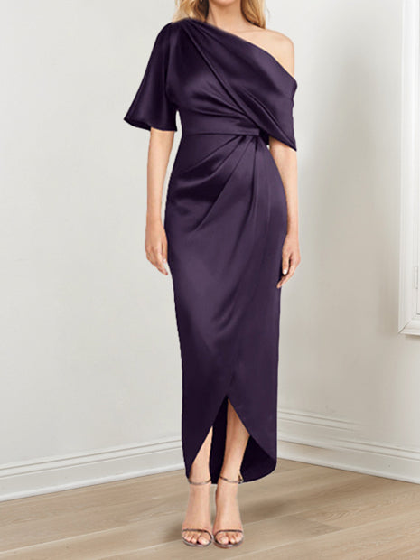 Sheath/Column One-Shoulder Short Sleeves Asymmetrical Mother of the Bride Dresses with Ruffles Plum