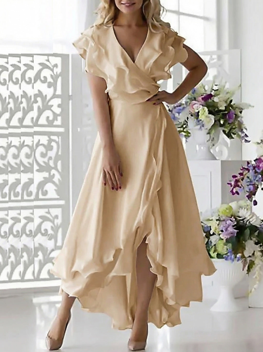 A-Line V-Neck Mother of the Bride Dresses for Women's Sleeveless Wedding Casual Formal Evening Party Gowns, White