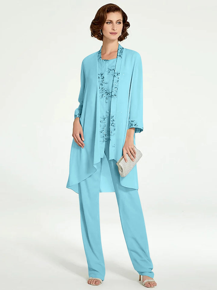 Chiffon Round Neck Floor-Length Mother of the Bride Pantsuits with Jacket