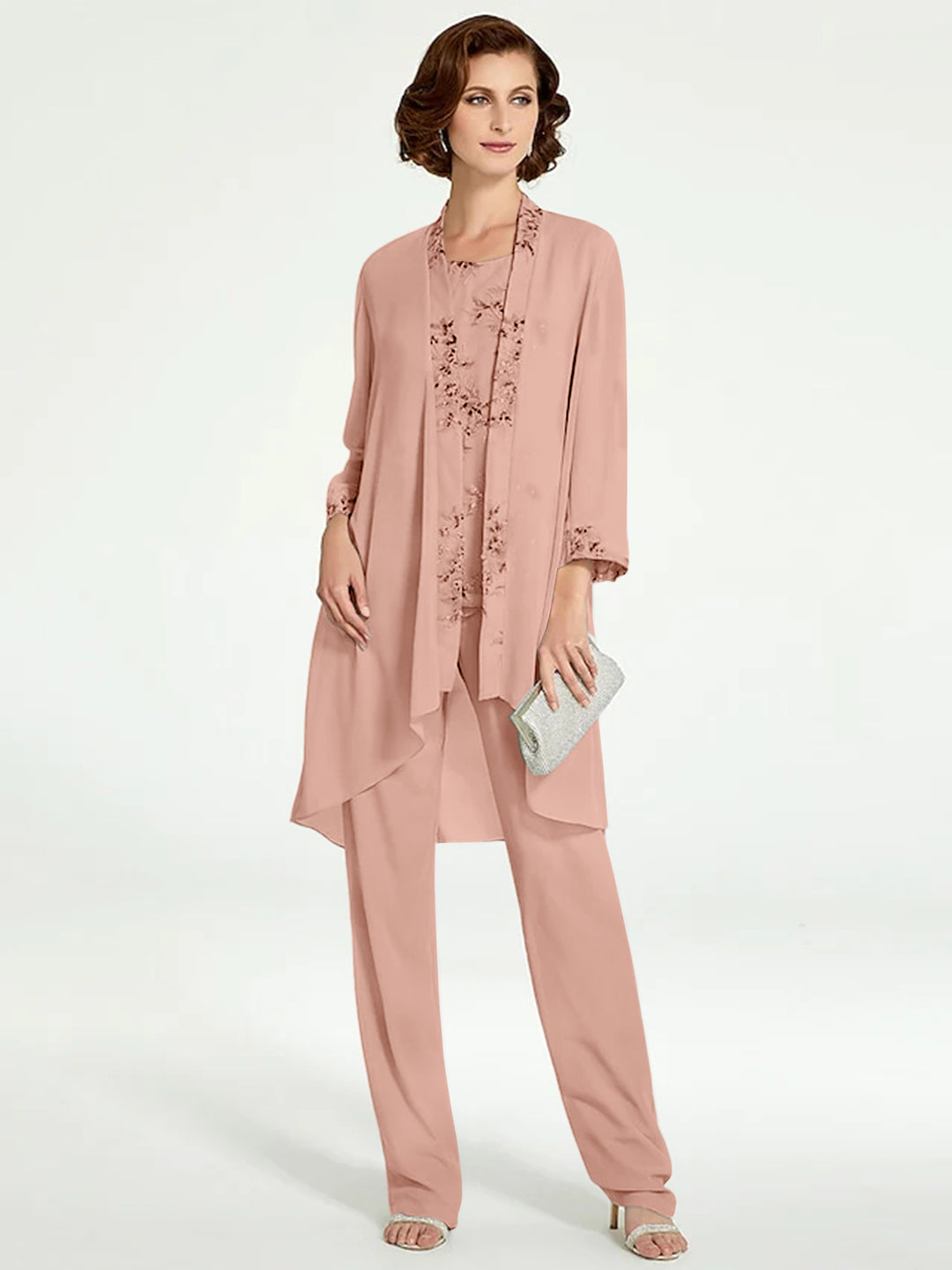 Chiffon Round Neck Floor-Length Mother of the Bride Pantsuits with Jacket