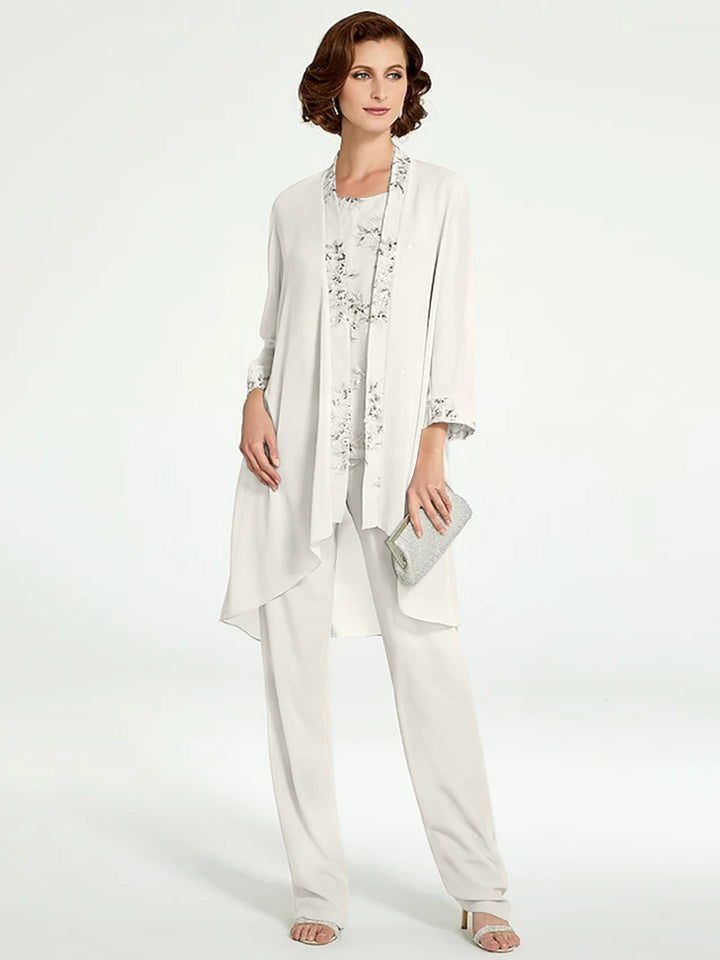 Chiffon Round Neck Floor-Length Mother of the Bride Pantsuits with Jacket