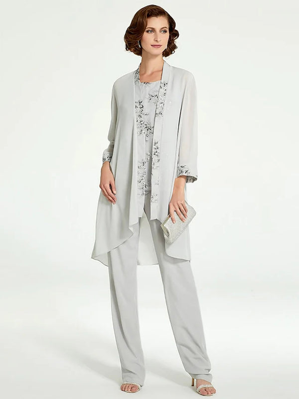 Chiffon Round Neck Floor-Length Mother of the Bride Pantsuits with Jacket