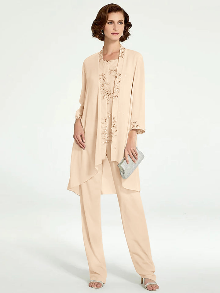 Chiffon Round Neck Floor-Length Mother of the Bride Pantsuits with Jacket