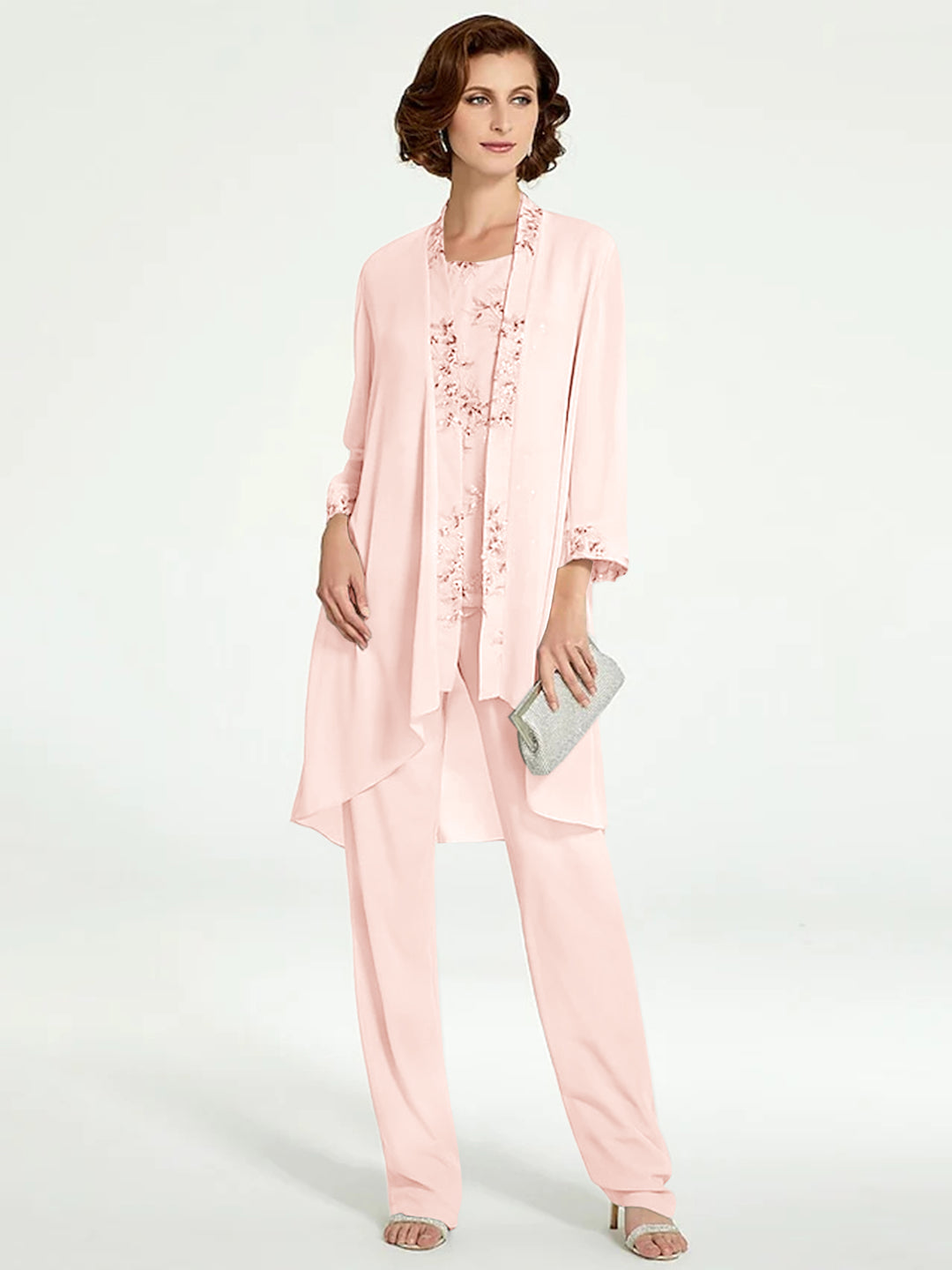 Chiffon Round Neck Floor-Length Mother of the Bride Pantsuits with Jacket