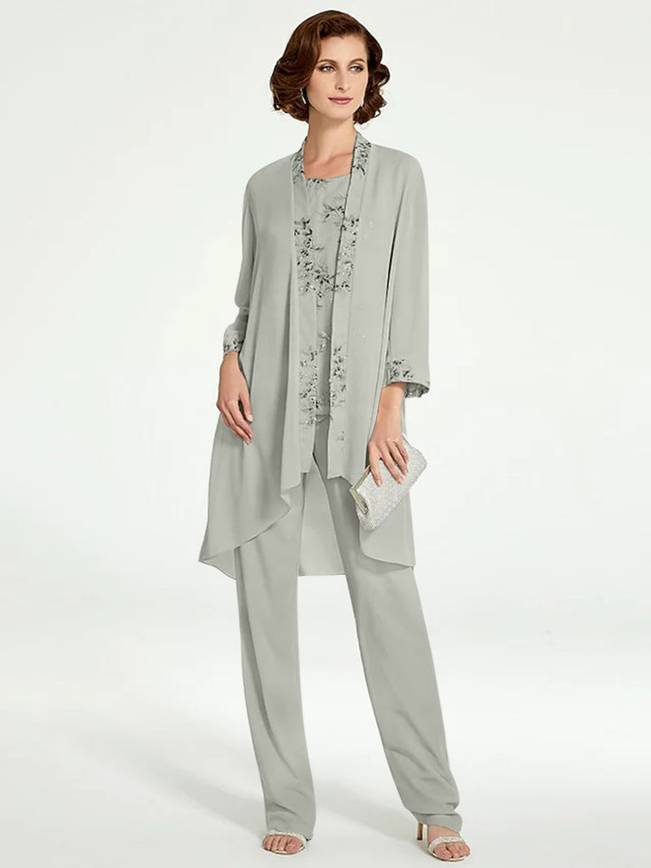 Chiffon Round Neck Floor-Length Mother of the Bride Pantsuits with Jacket