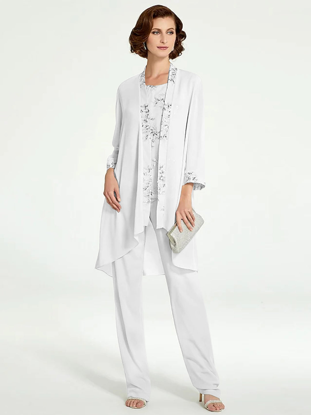 Chiffon Round Neck Floor-Length Mother of the Bride Pantsuits with Jacket