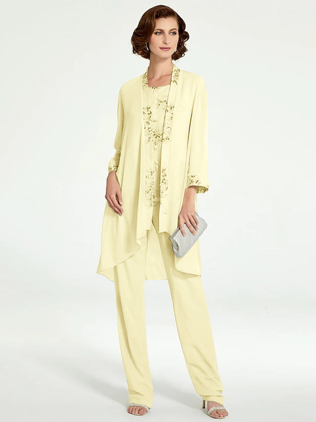 Chiffon Round Neck Floor-Length Mother of the Bride Pantsuits with Jacket