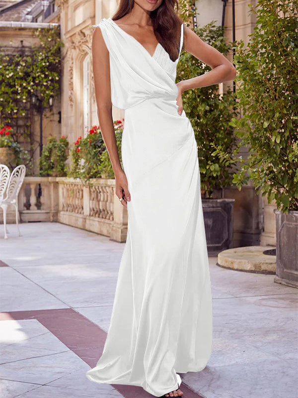 A-Line/Princess V-Neck Sleeveless Floor-Length Bridesmaid Dresses with Ruched