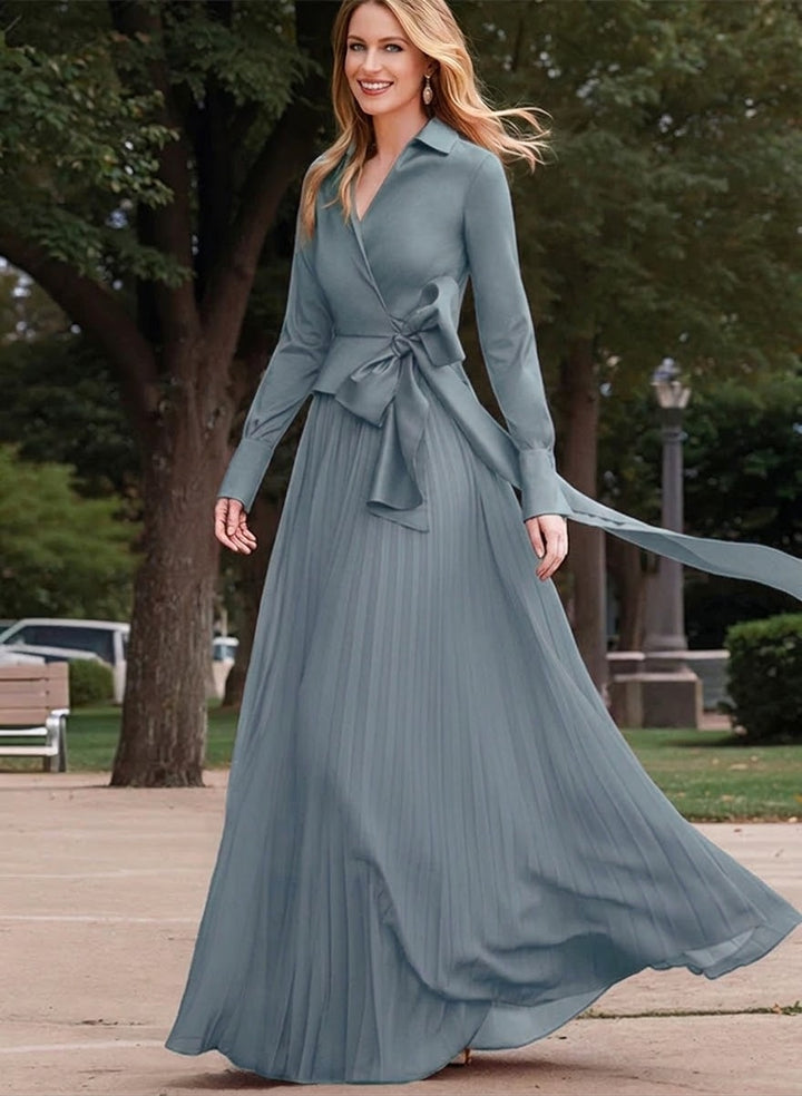 A-Line/Princess V-Neck Floor-Length Long Sleeves Satin Chiffon Two Piece Mother of the Bride Dresses With Bowknot