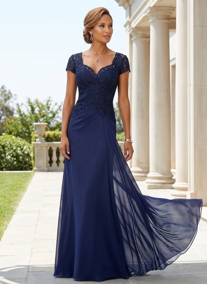 Sheath/Column Sweetheart Short Sleeves Floor-Length Mother of the Bride Dresses with Appliques Lace & Sequins