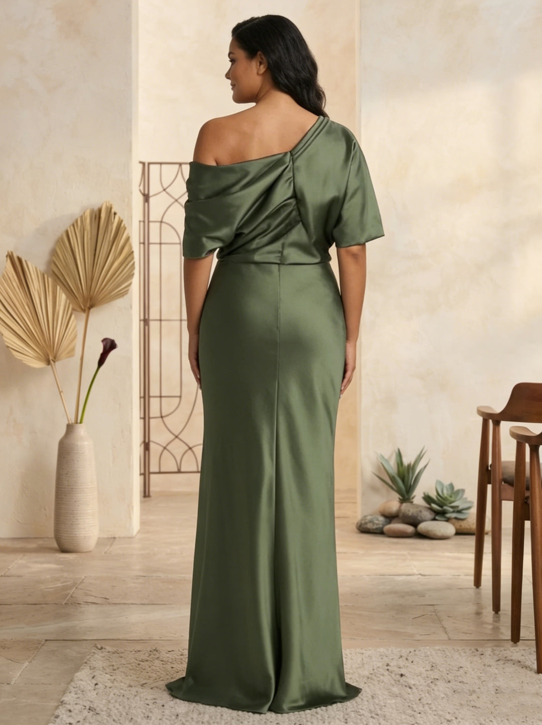 One-Shoulder Mother of The Bride Dresses 2026 Plus Size Women's Sheath/Column Silk Satin Floor-Length Formal Evening Gowns, Army Green