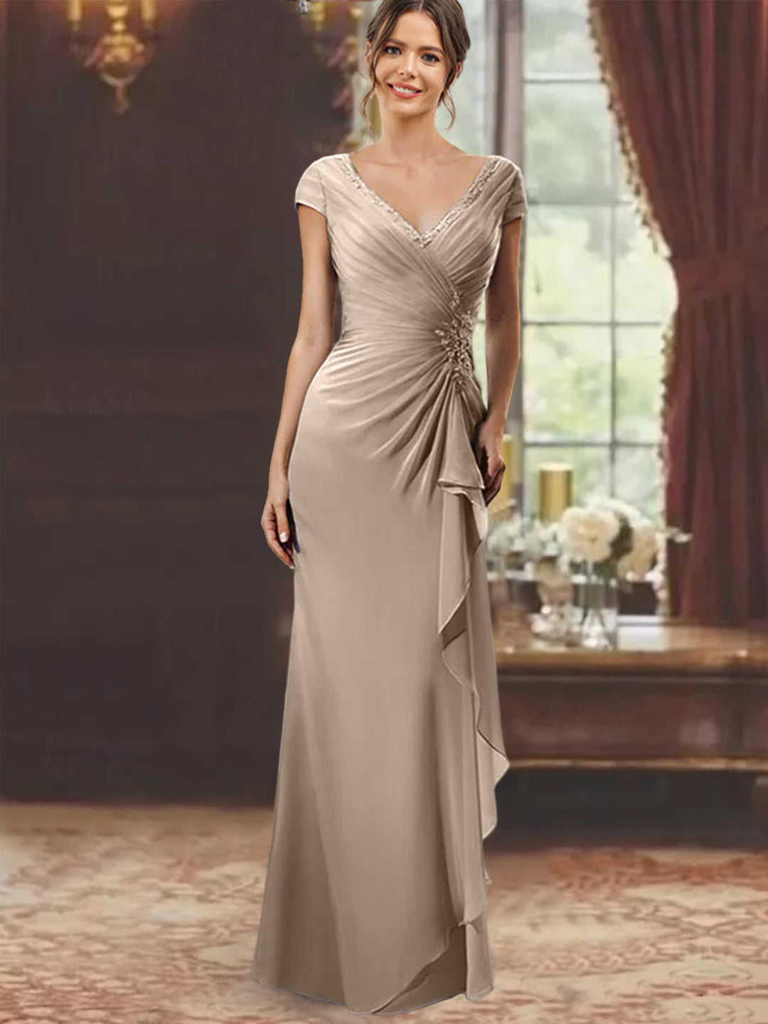 Sheath/Column V-Neck Short Sleeves Floor-Length Mother of the Bride Dresses With Ruffles & Appliques